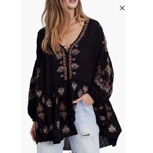 Free People Arianna Tunic Top XS Peasant Boho Embroidered Semi Sheer Crinkled